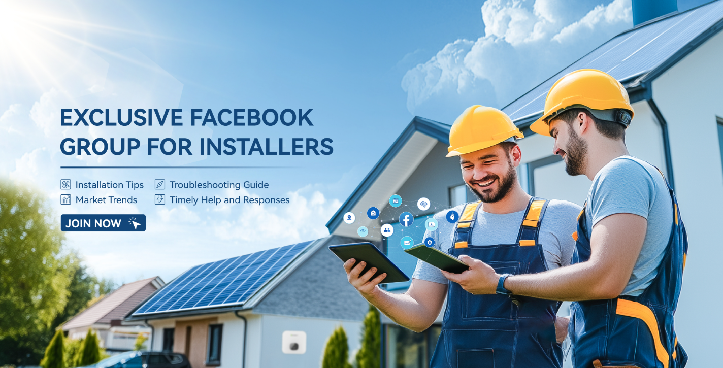 Growatt Australia Facebook Group Two technicians with tablet beside solar-paneled roof; ad for an installers' Facebook group.